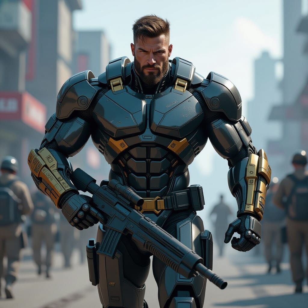 Cyborg Warrior on Battlefield in Futuristic Style