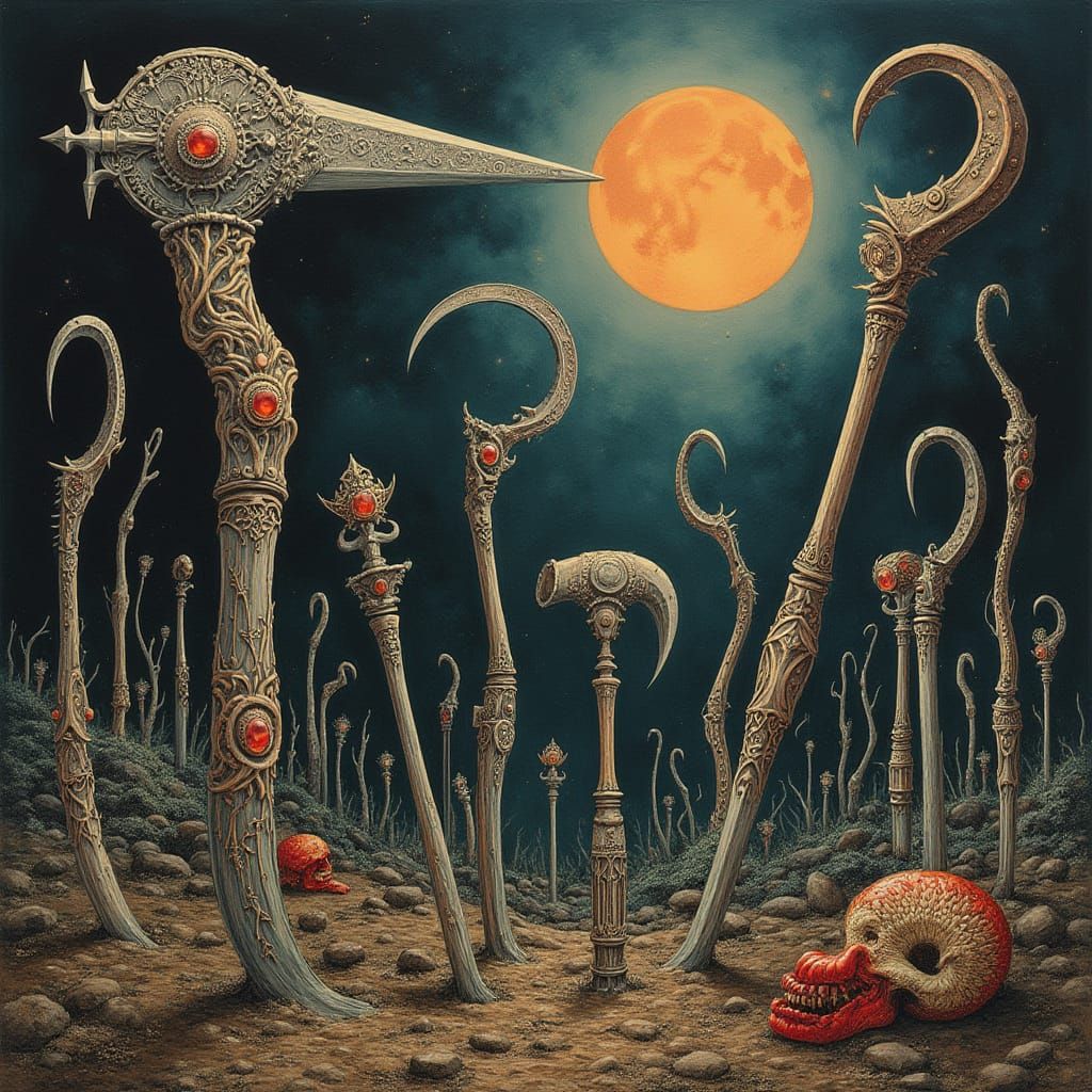 Surreal Medieval Hardware in Dreamlike Landscape