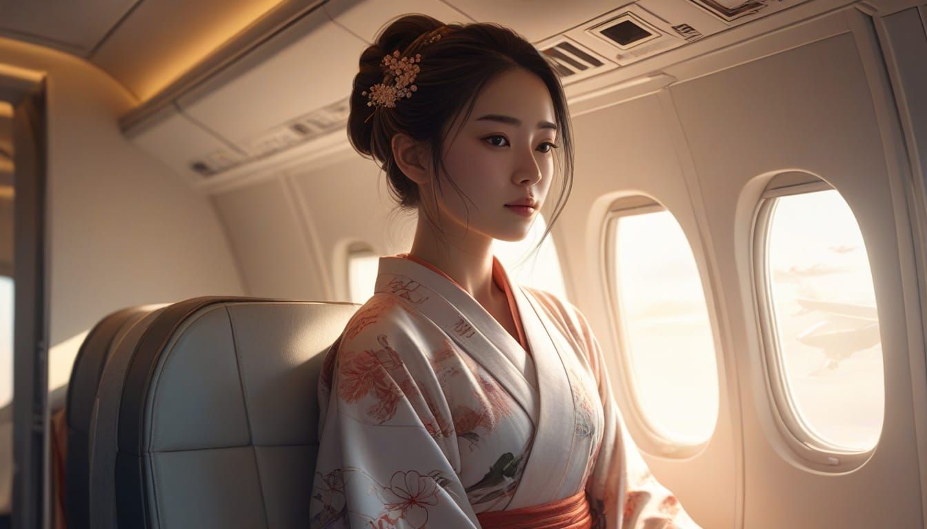 Young Woman in Kimono on Airplane, Detailed Illustration