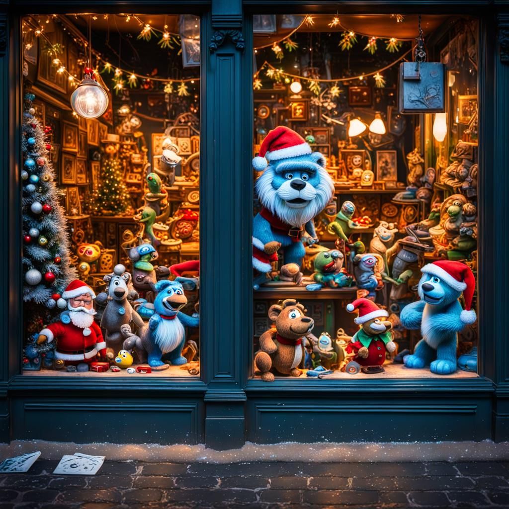 Animated Toys in 80s Christmas Window, Pixar Style