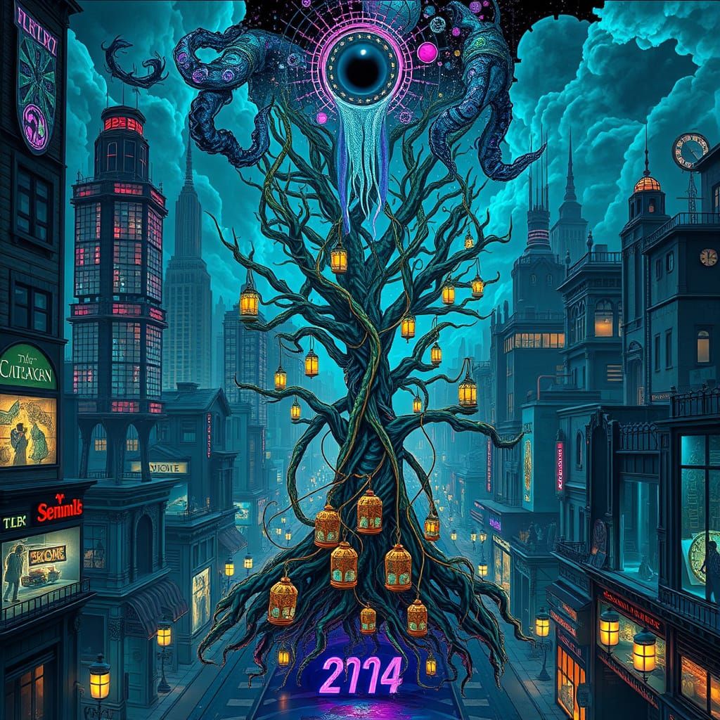 Glowing Metropolis in Cyberpunk Baroque Style