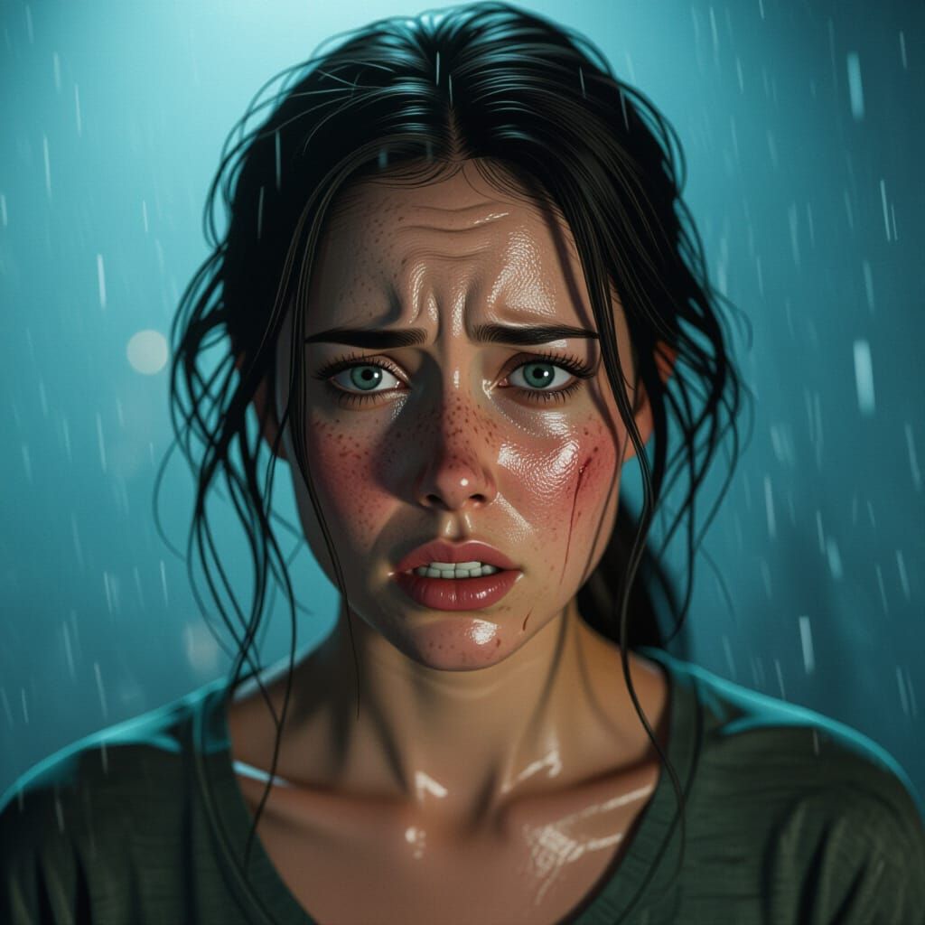 Distressed Woman with Anguished Expression in Dystopian Sett...