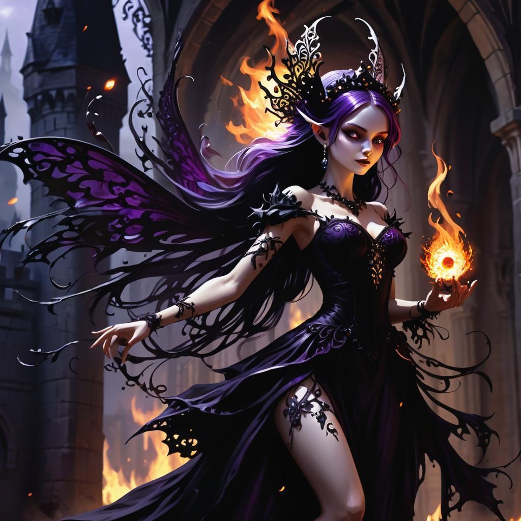Gothic Fairy Casting Fireballs at Castle