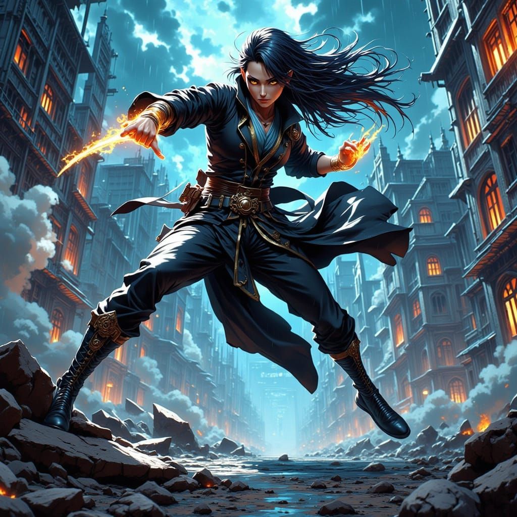 Dark Gothic Hero's Mid-Air Power Kick in Manga Style