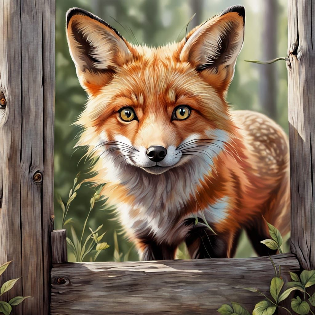 Cute Red Fox Peeking Over Wood Fence in Watercolor Style