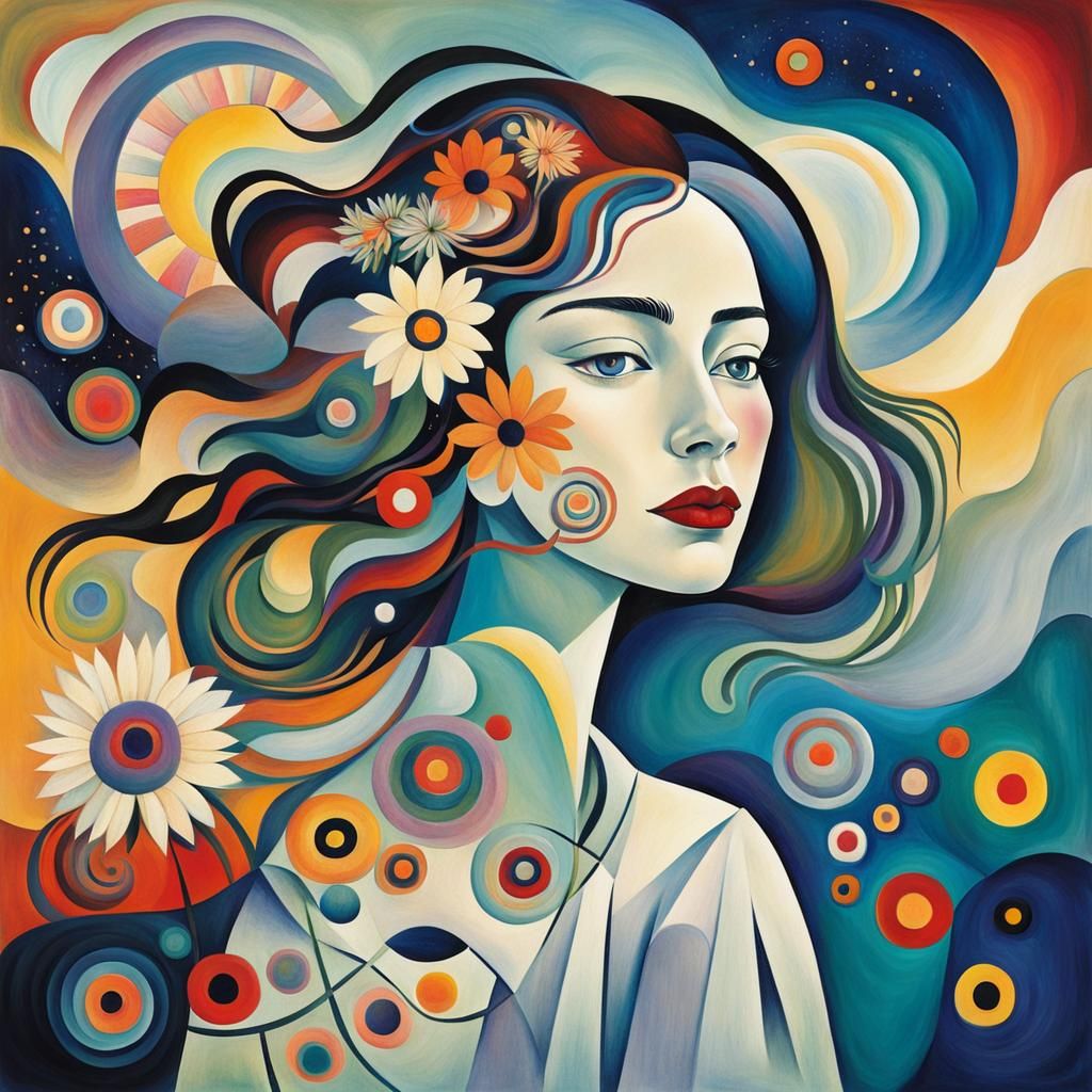 Floral Haired Woman in Abstract Cosmic Landscape
