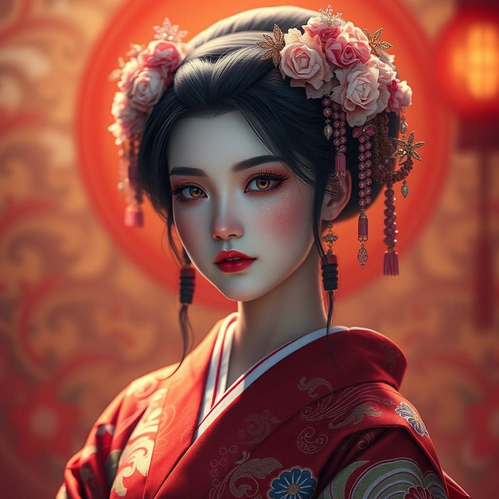 Geisha Style Girl Portrait with Elaborate Makeup