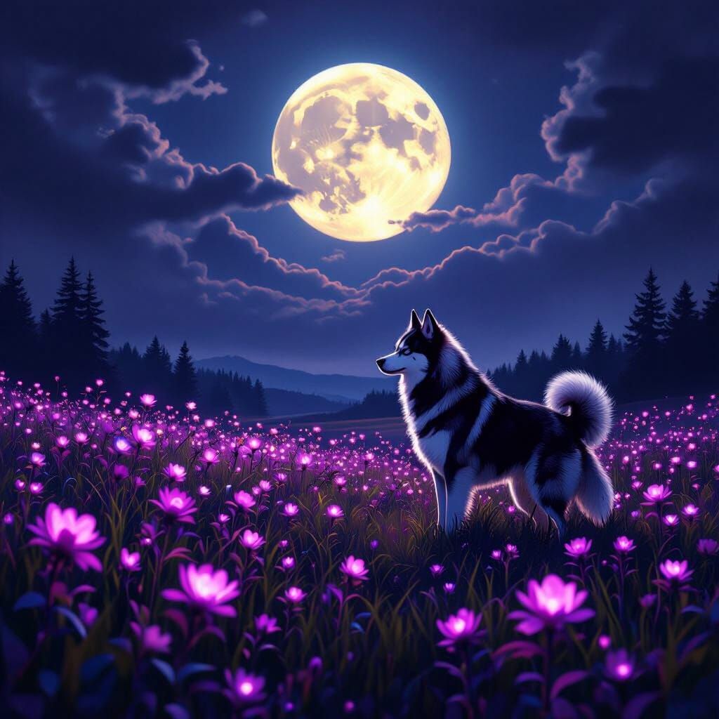 Moonlit Husky Among Glowing Purple Flowers