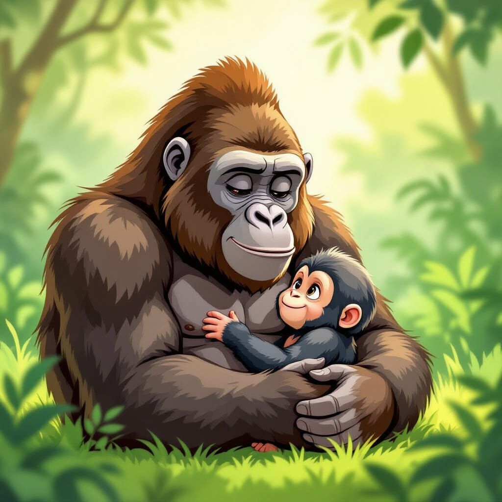 Wise Old Gorilla Hugs Baby Gorilla in Animated Style