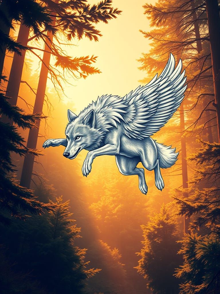 Majestic Wolf in Flight Over Lush Forest, in Hyper-Realistic...