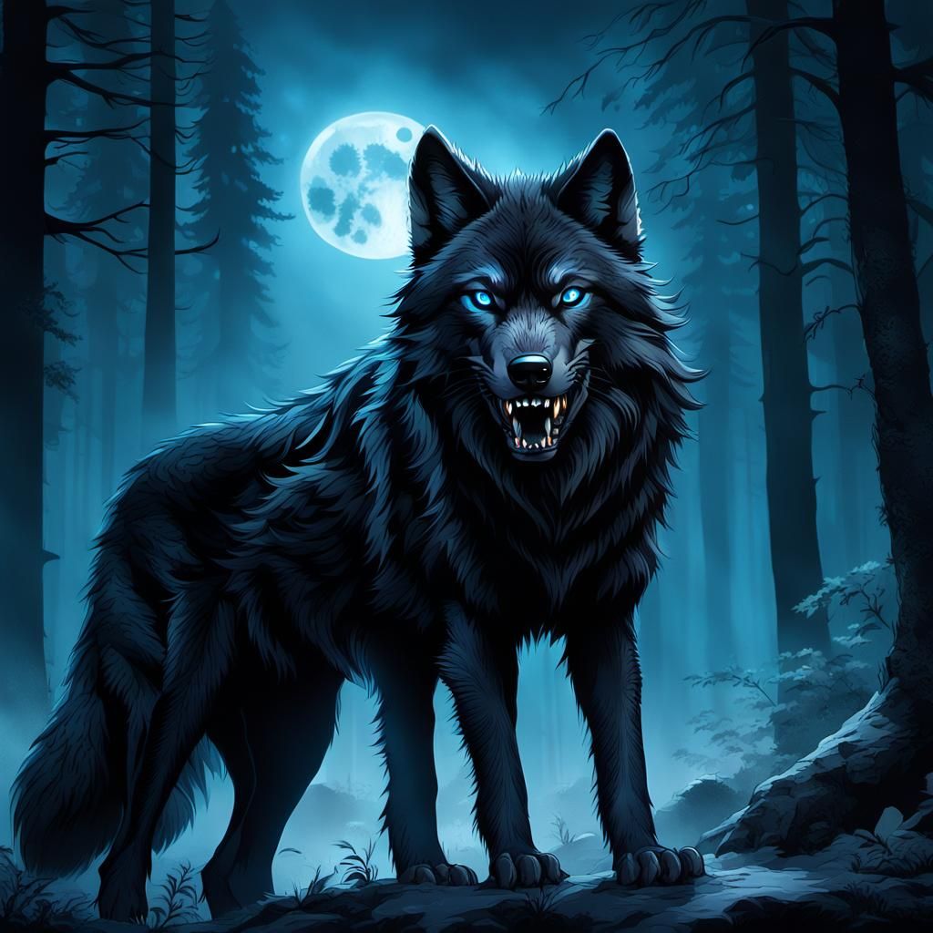 Majestic Black Wolf Portrait in Dark Fantasy Style
