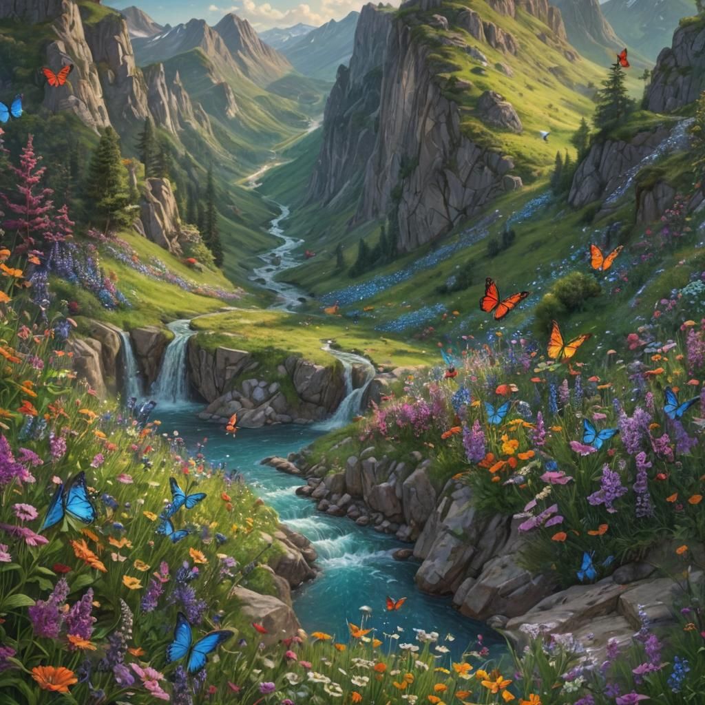 Whimsical Fantasy Landscape with Vibrant Wildflowers and Del...