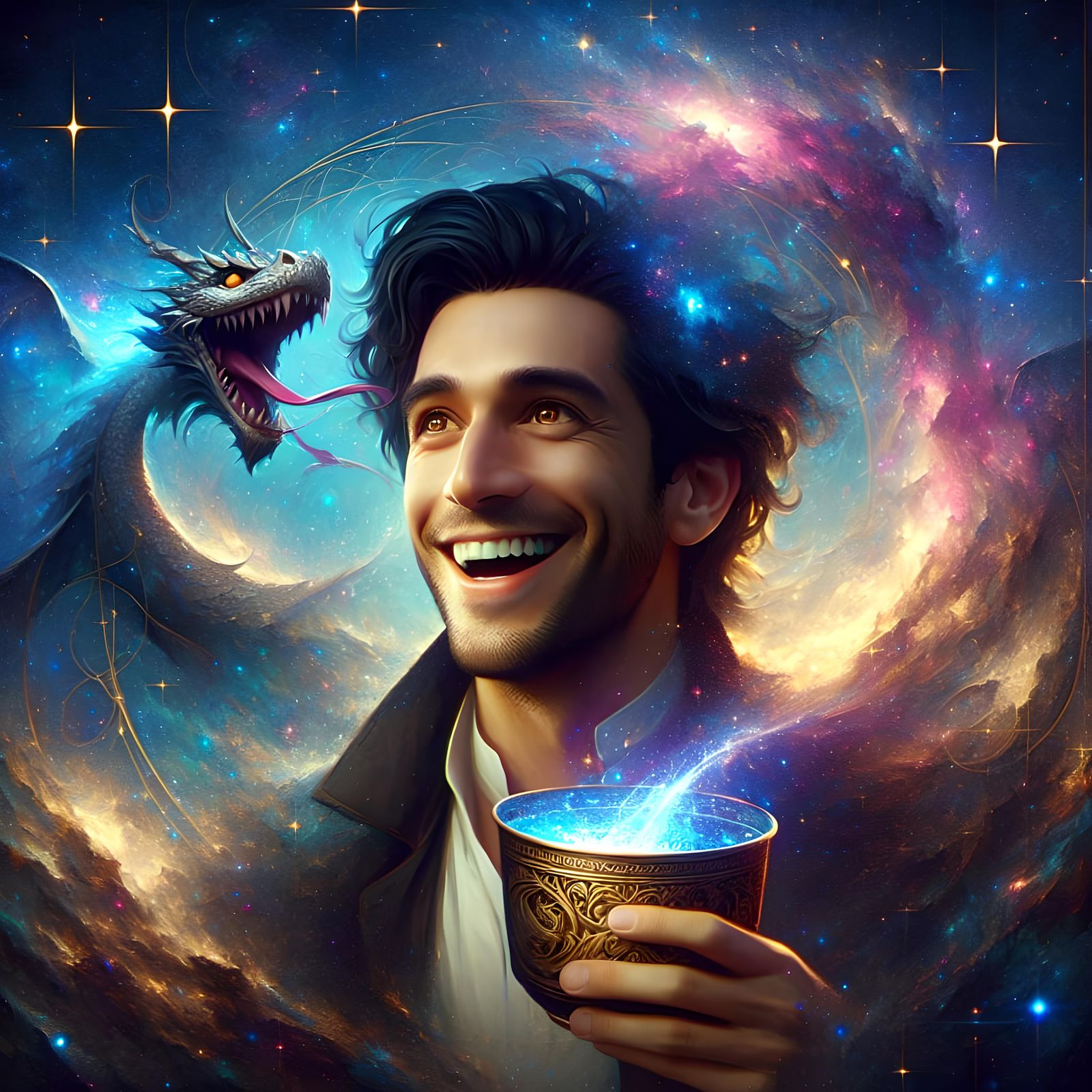 Man with Dragon Cup in Galaxy, Matte Painting