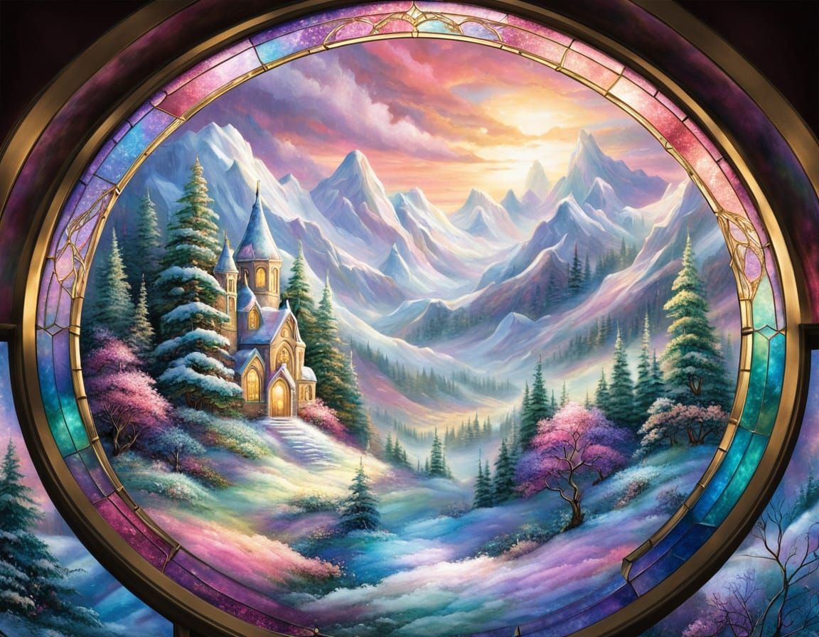 Stained Glass Snowglobe Window in Ethereal Fantasy Style