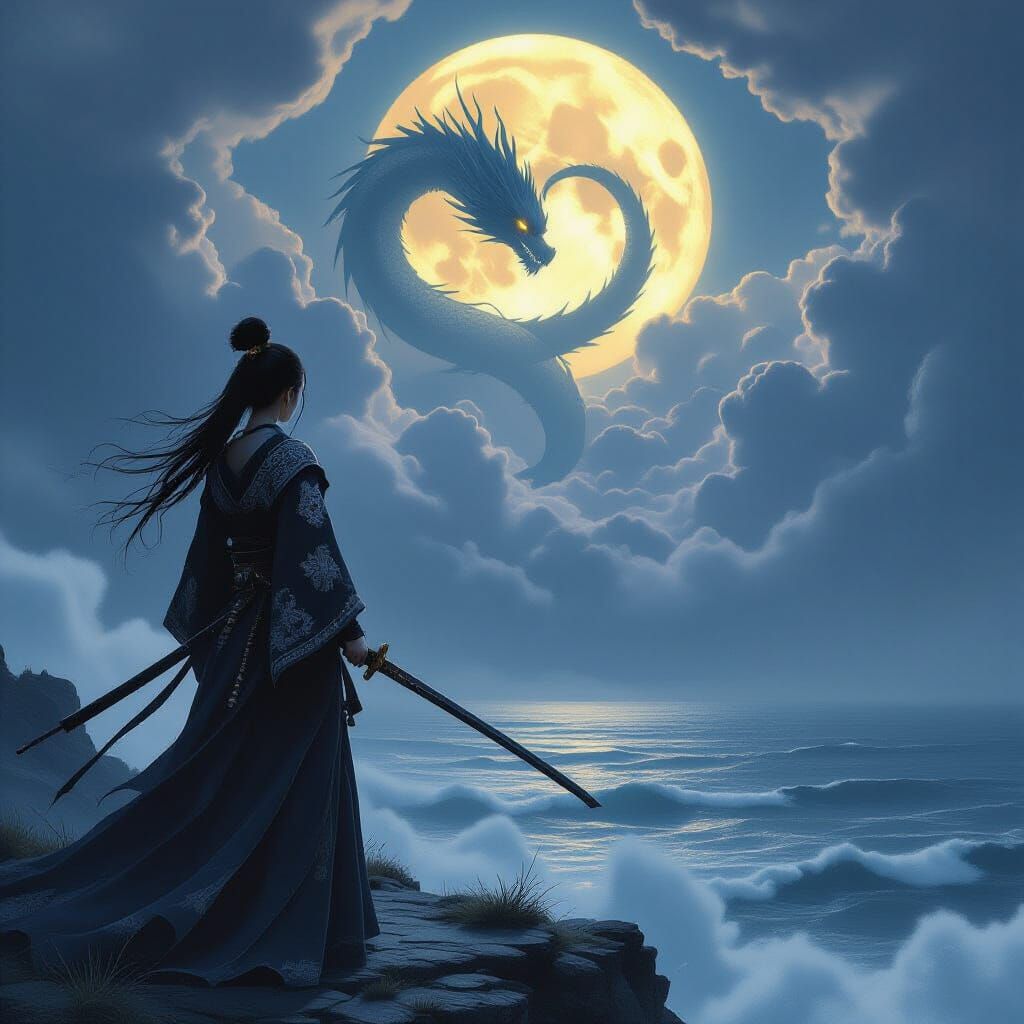 Warrior Woman on Cliff Overlooking Stormy Sea with Spectral ...