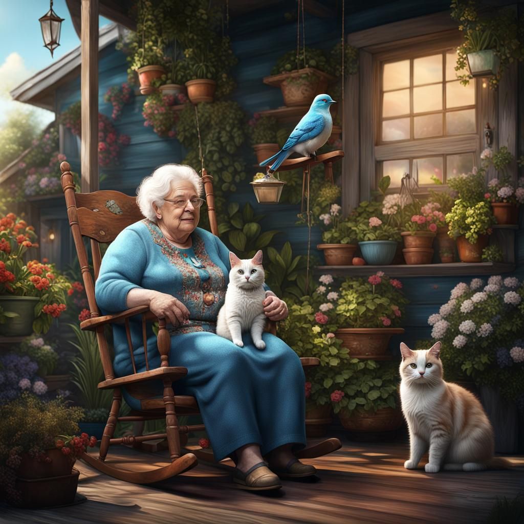 Cozy Scene: Elderly Woman Relaxing with Cat