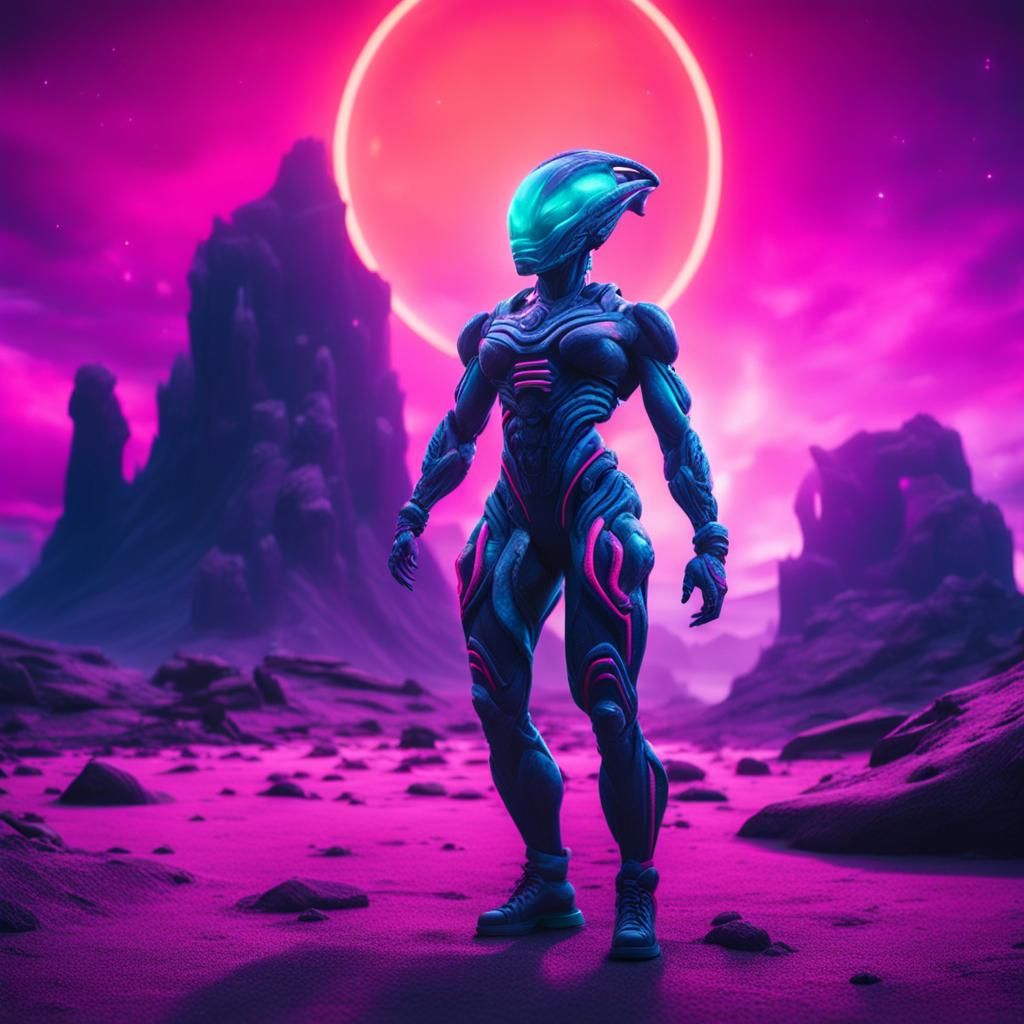 Alien Bodybuilder on Sci-Fi Planet in Neon Colors