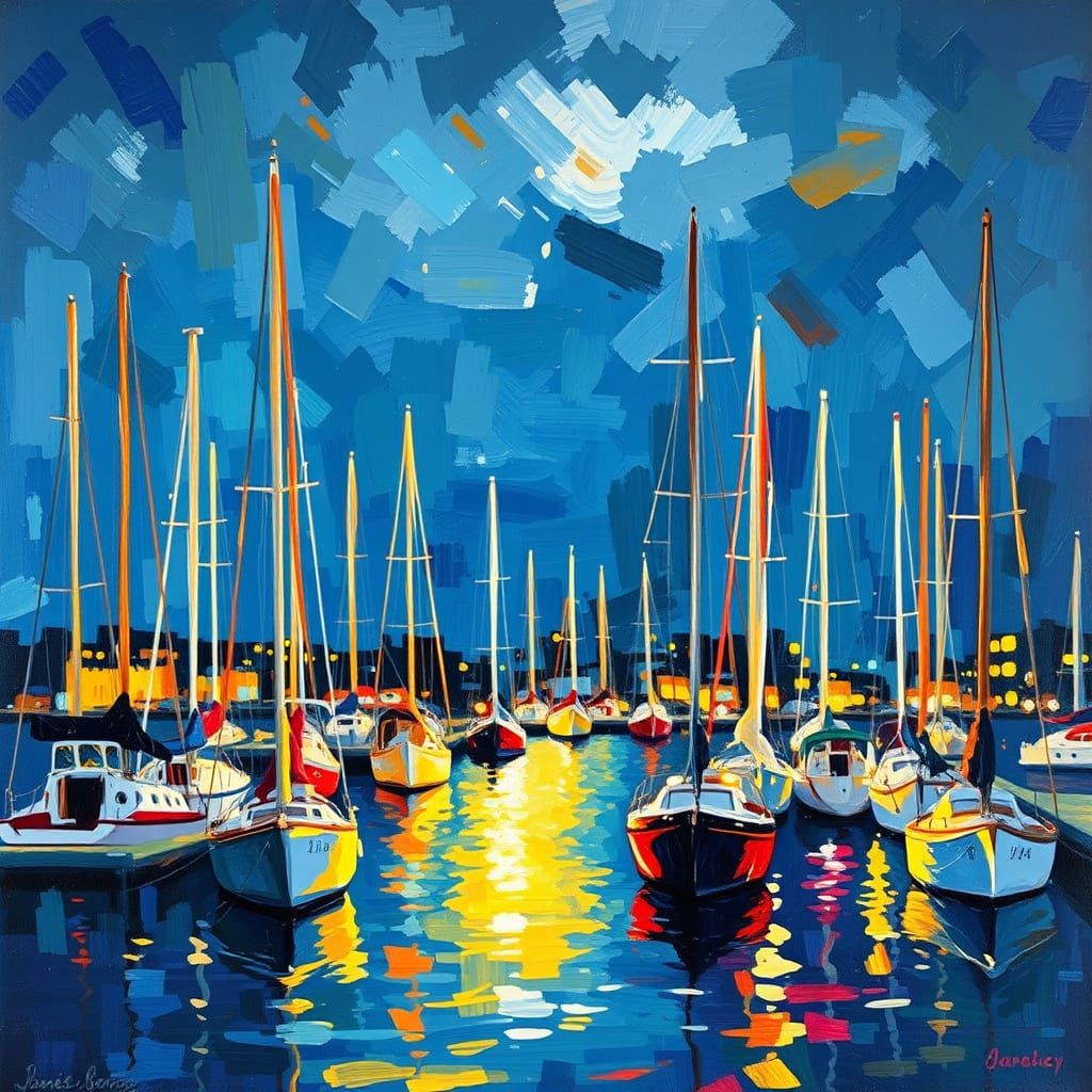 Sailboats at Night: Neo-Impressionist Expressionist Oil Pain...