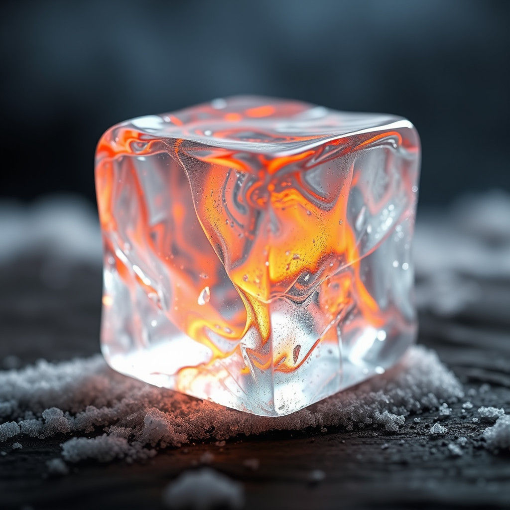 Fiery Ice Cube: Hyperrealistic Macro Photography
