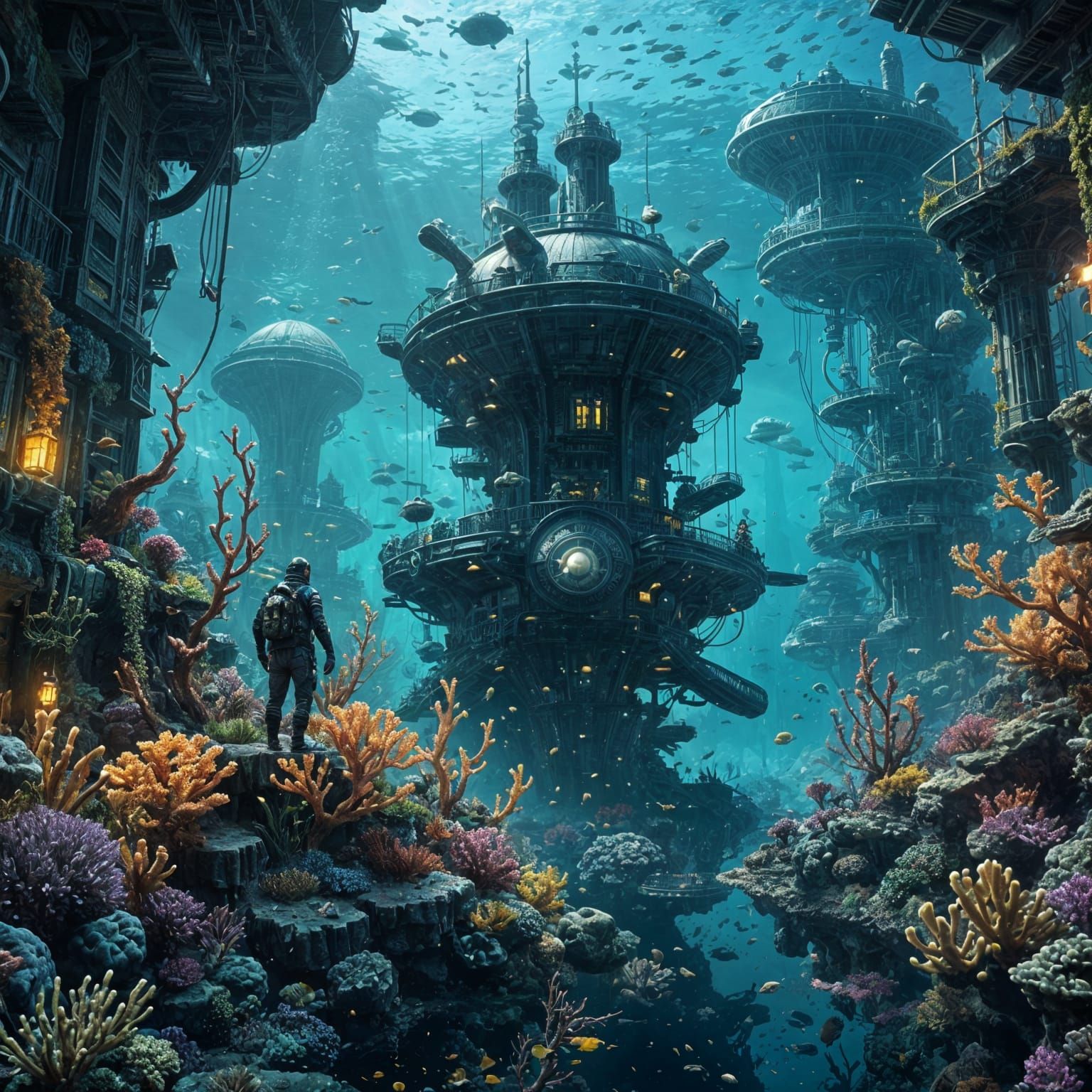 Vibrant Underwater City with Deep-Sea Technology