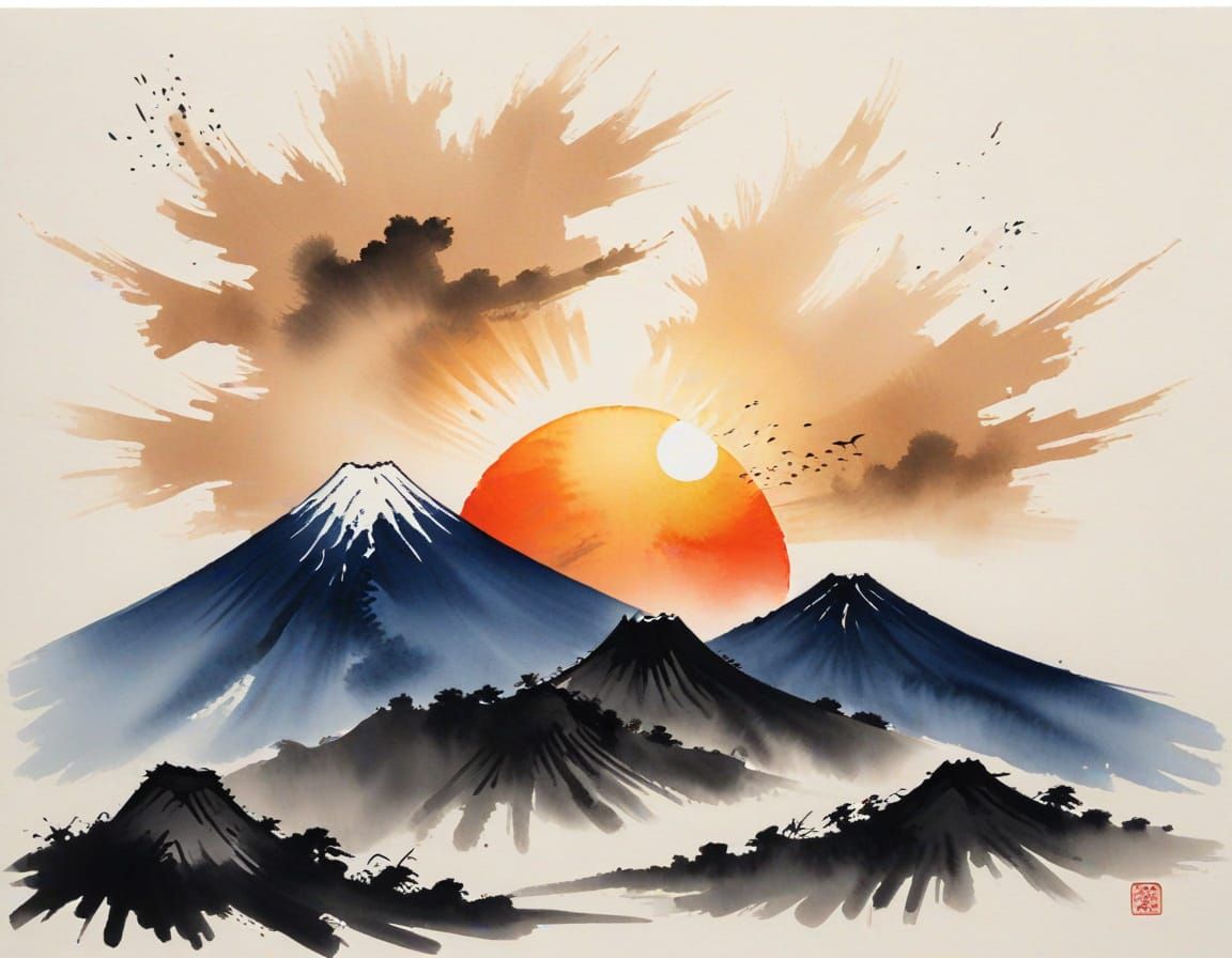 Mount Fuji Sumi-e Ink Wash Painting