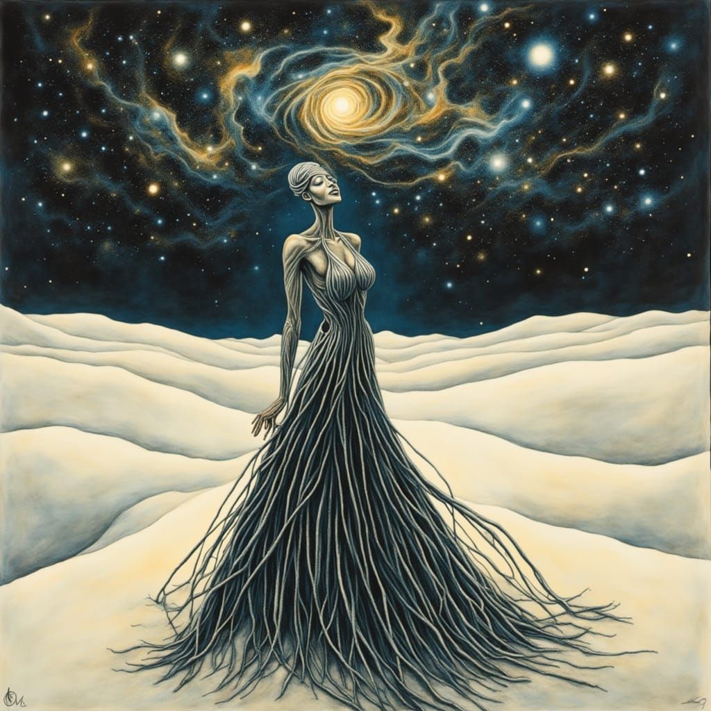 Ghostly Obsidian Woman in Starry Desert, Dark Fantasy Art