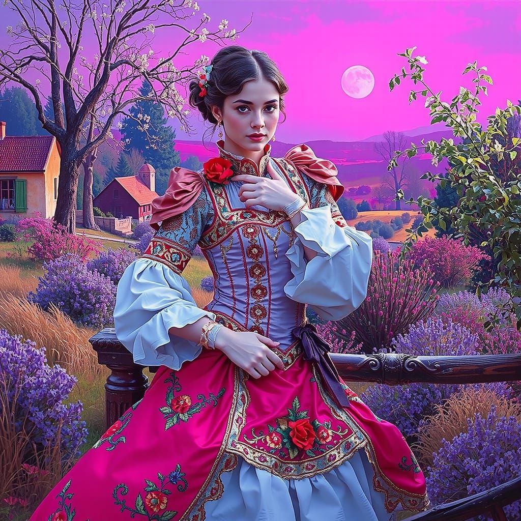 Elegantly Dressed Figure in French Countryside