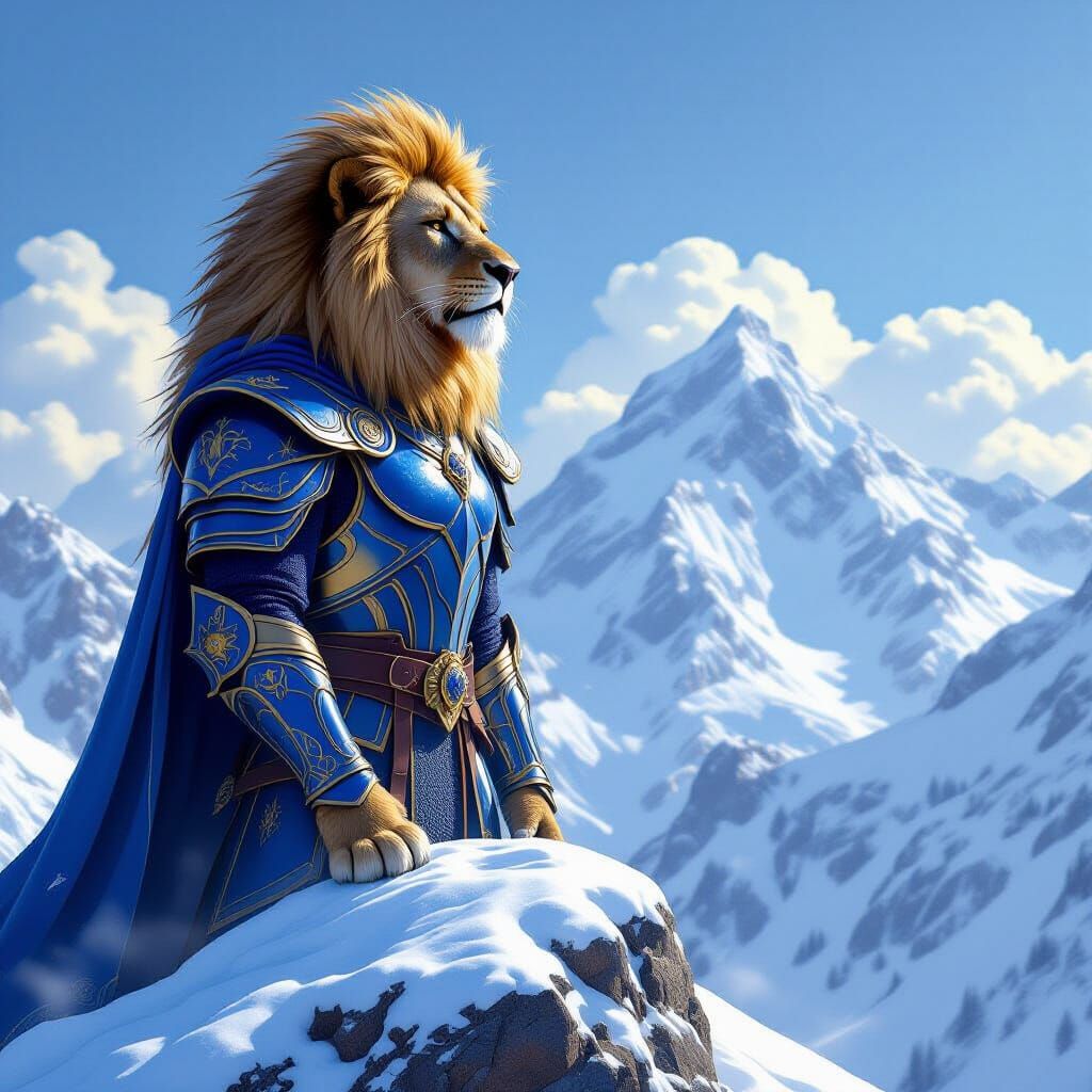 Lion in Lapis Lazuli Armor on Snowy Peak