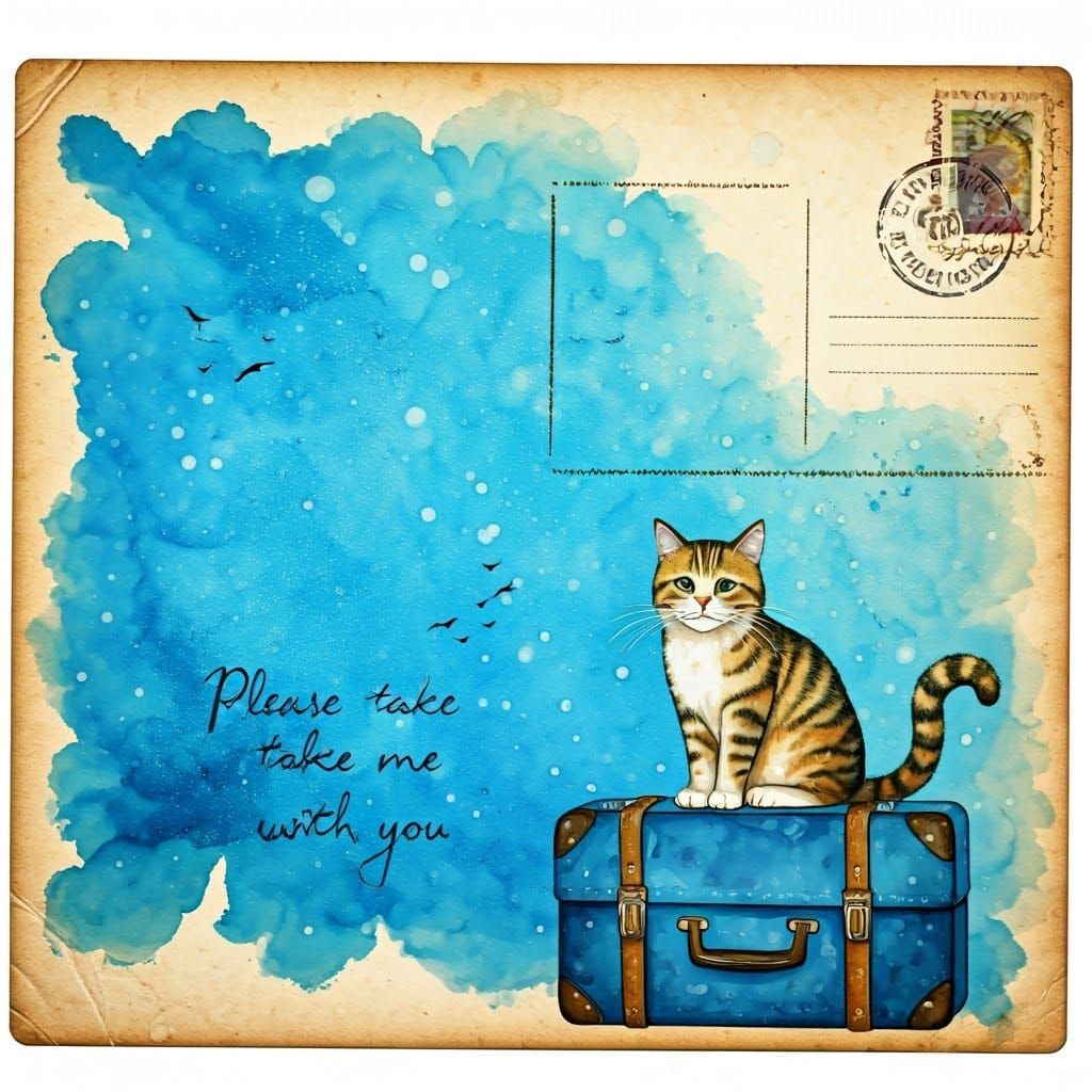 Vibrant Postcard Scene with Cat and Suitcase