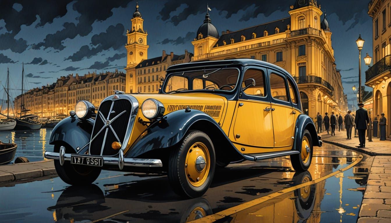 Vintage Citroen Taxi in Barcelona Harbor at Dusk