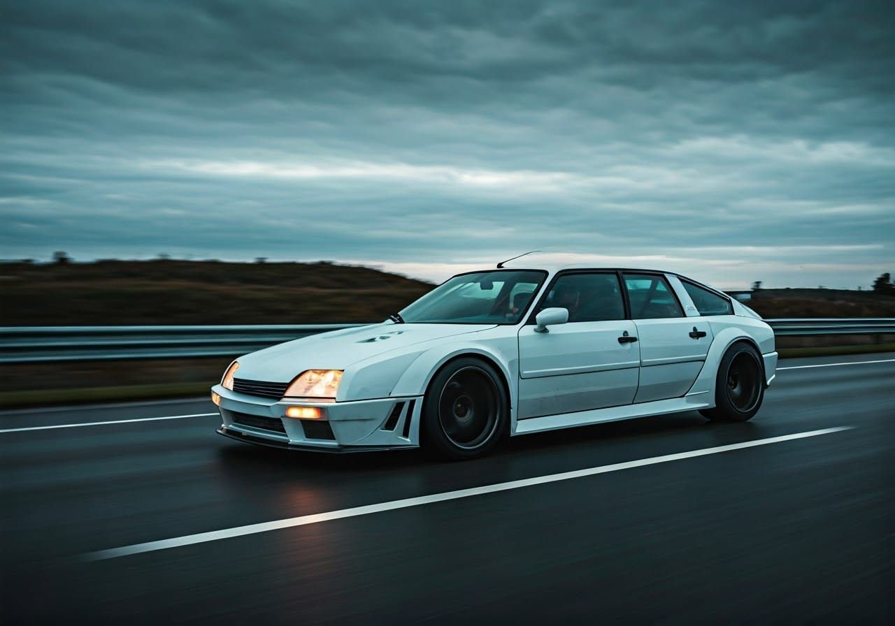Sleek White Hypercar Speeds Down Rain-Soaked Highway in High...