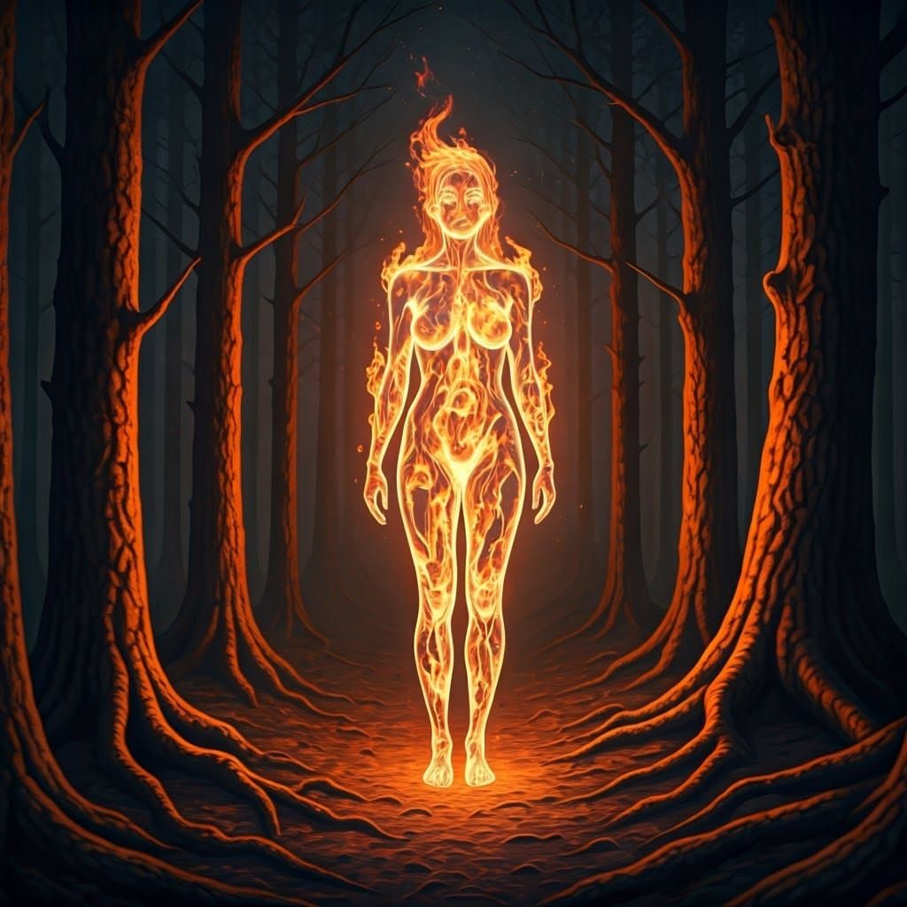 Ethereal Woman in Mystical Forest, Digital Art