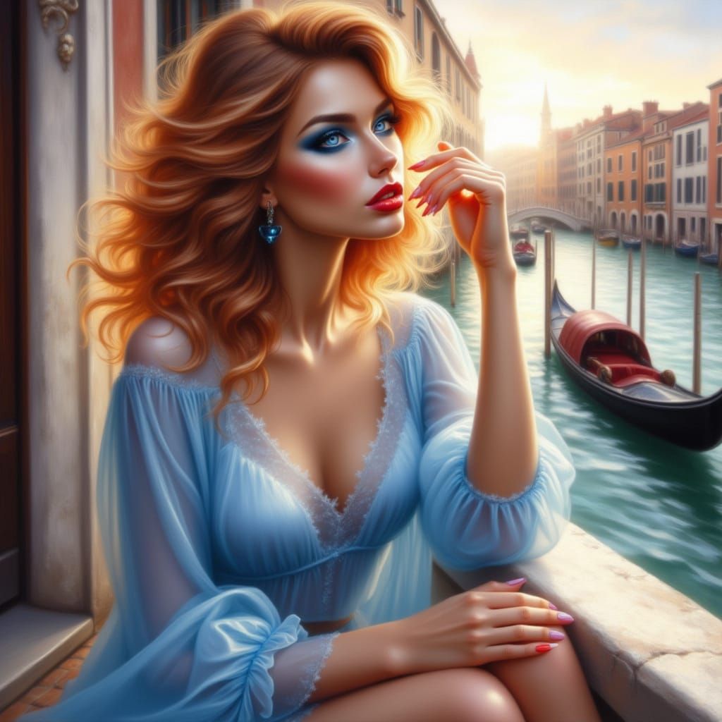 Romantic Woman on Terrace as Oil Painting