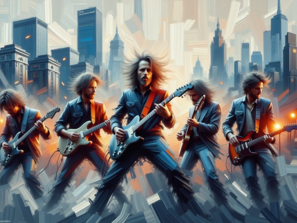 Dynamic Rock Musicians in Dreamlike Impasto