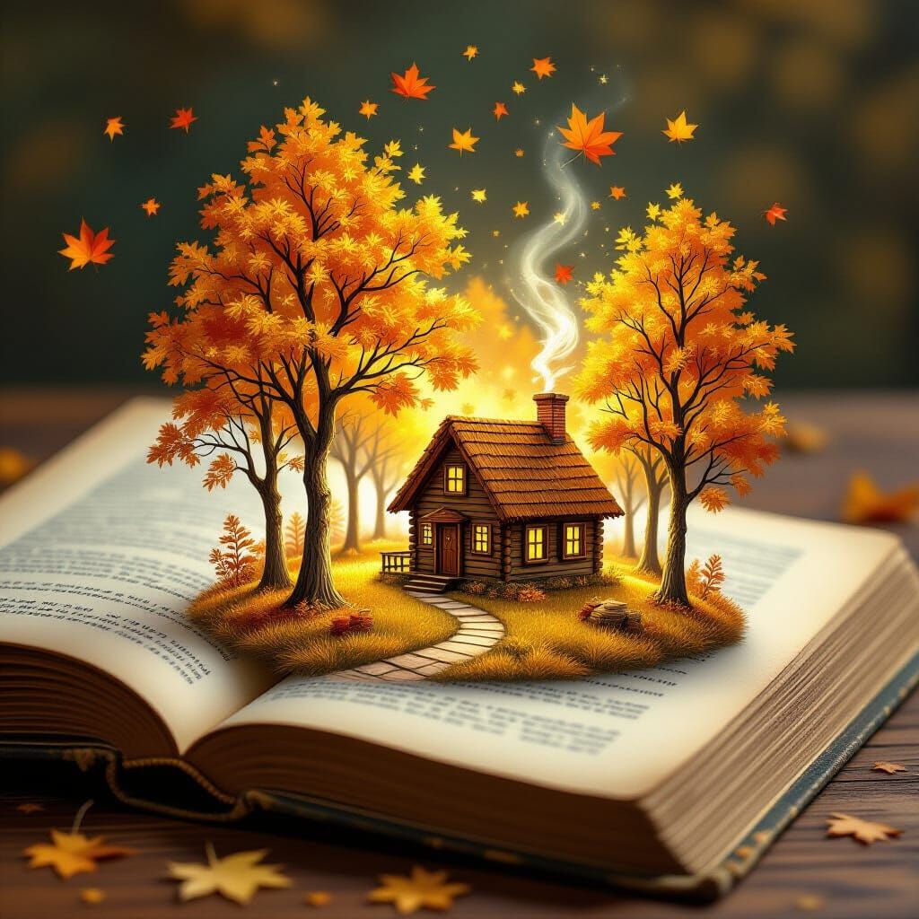Magical Autumn Cabin on Open Book Pages