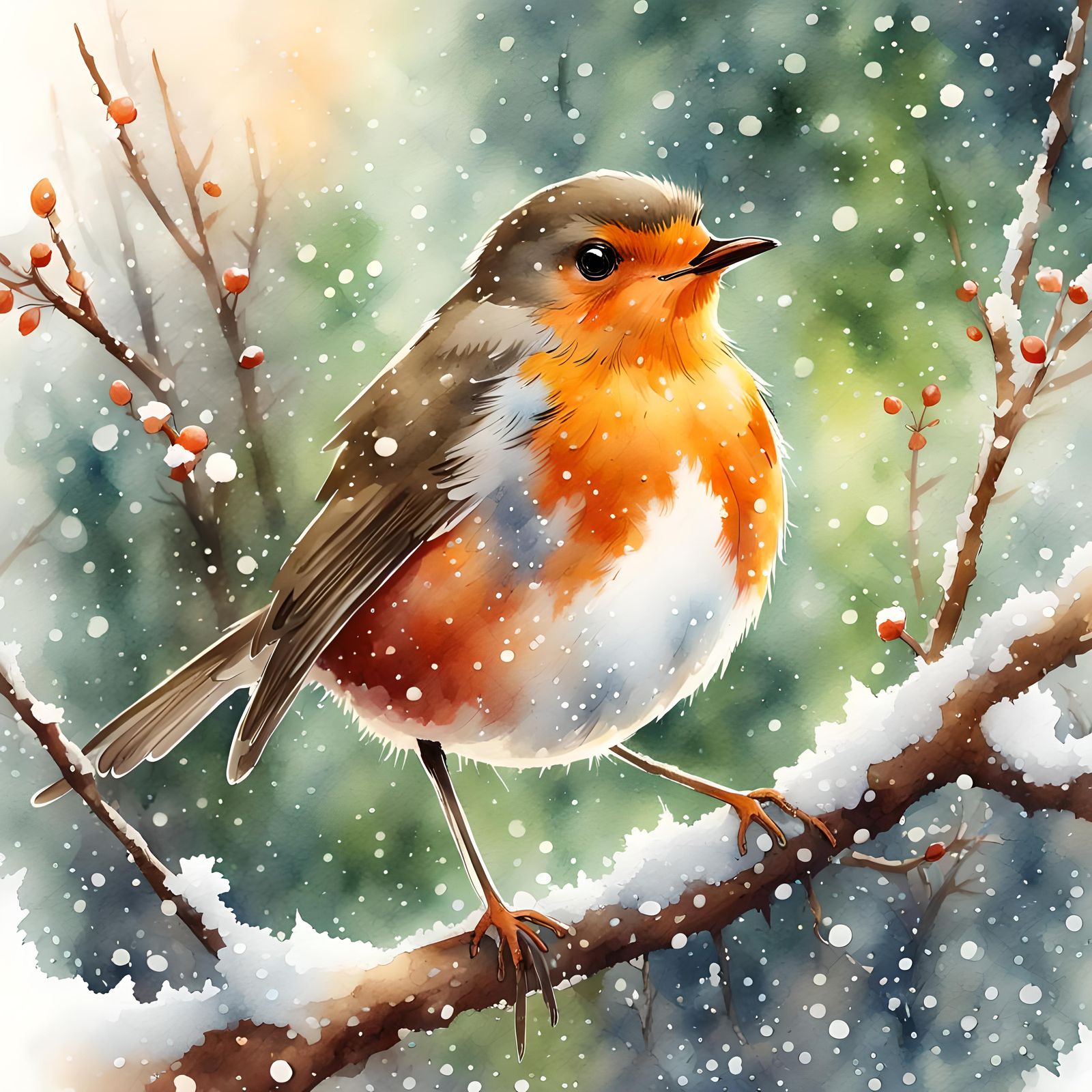 Sunlit Robin in Snowy Forest: Watercolor Illustration