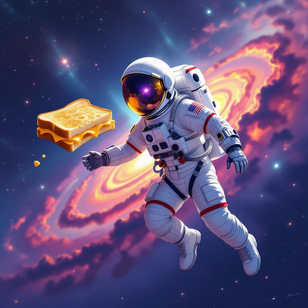 Astronaut Chases Floating Sandwich Through Colorful Nebula