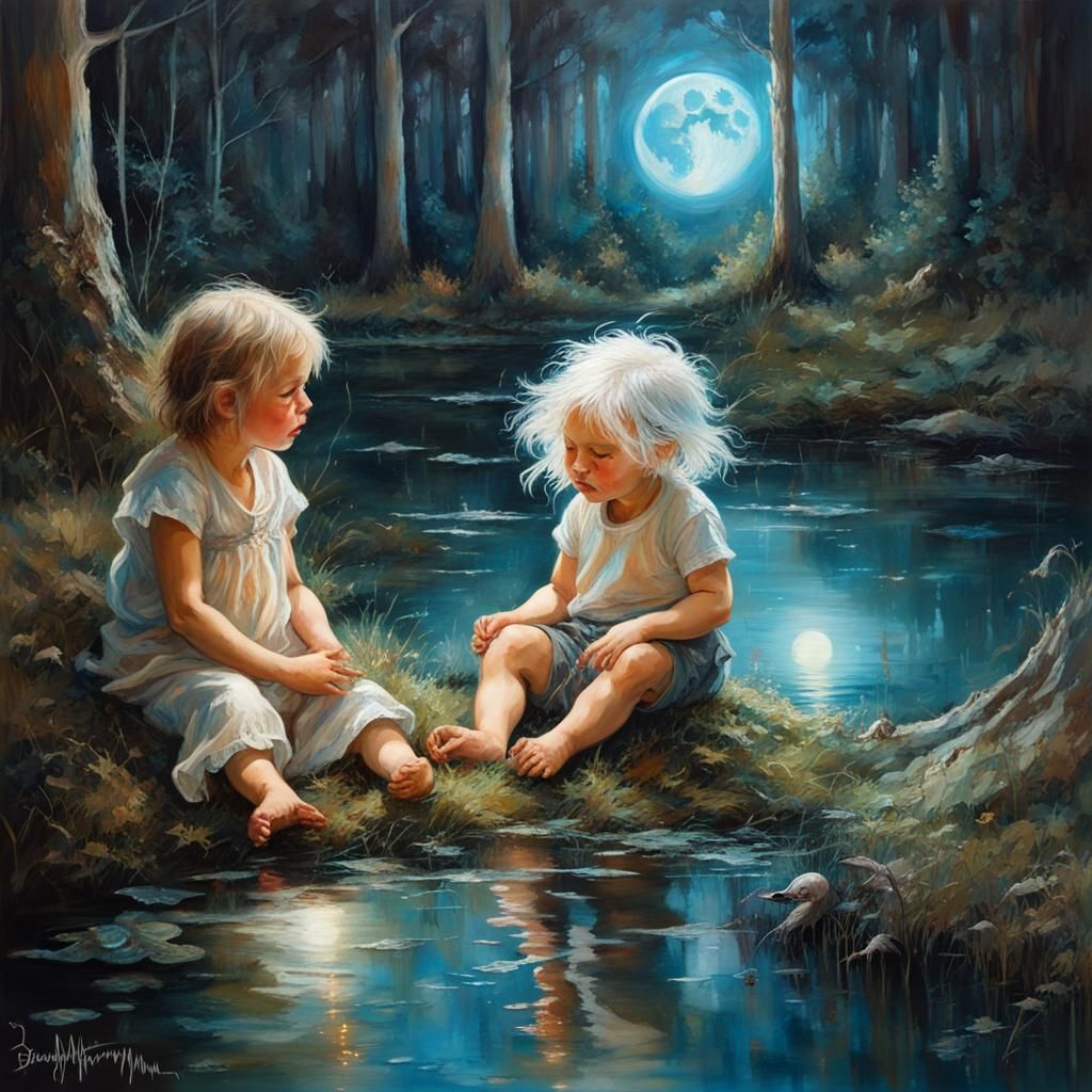 Angels Watching Children Play in Bioluminescent Fantasy