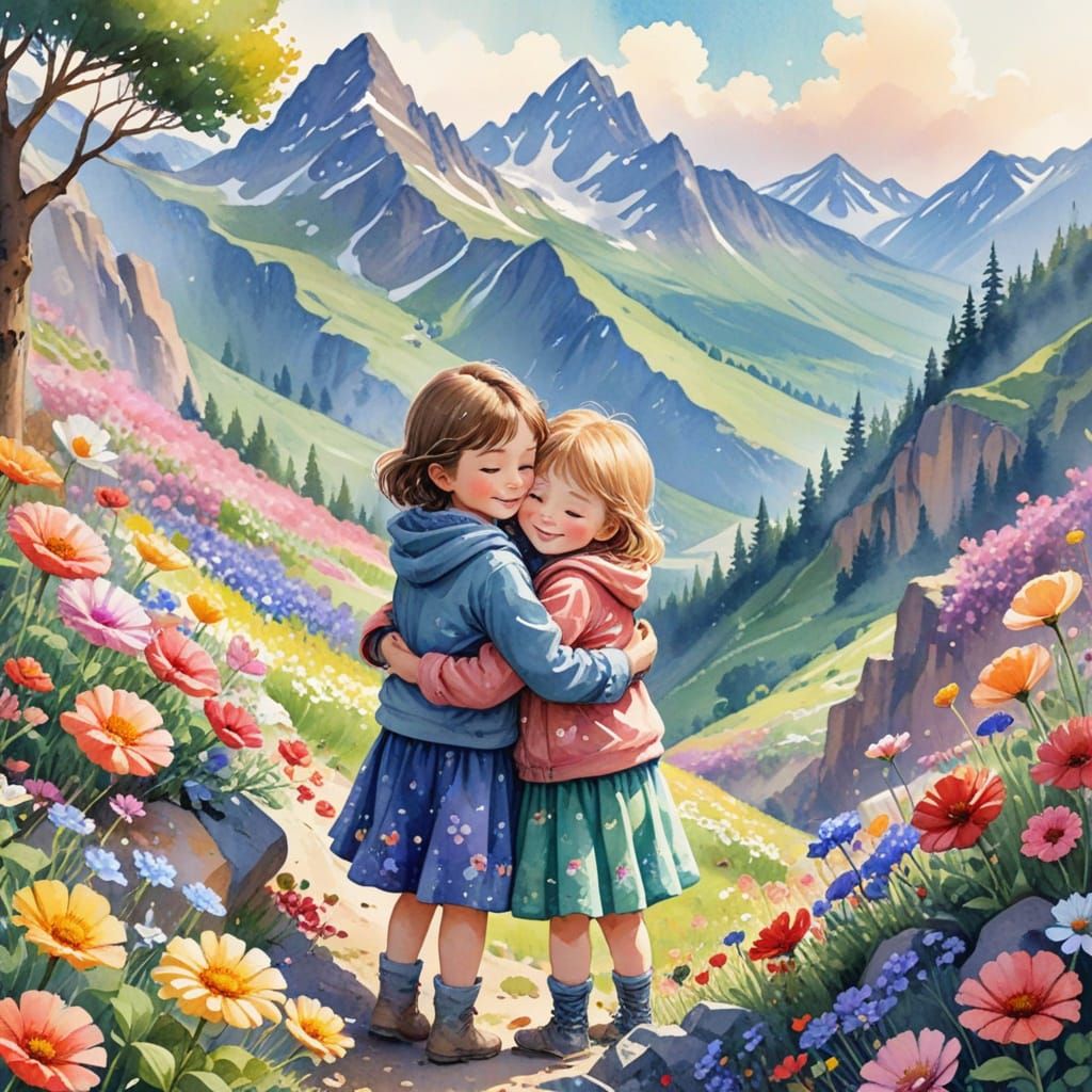 Joyful Children Hug in a Whimsical Mountainside Scene