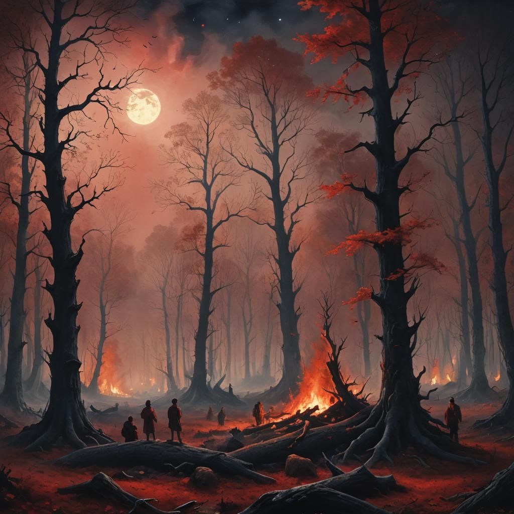 Scary Autumn Forest Bonfire in Romantic Naturalism