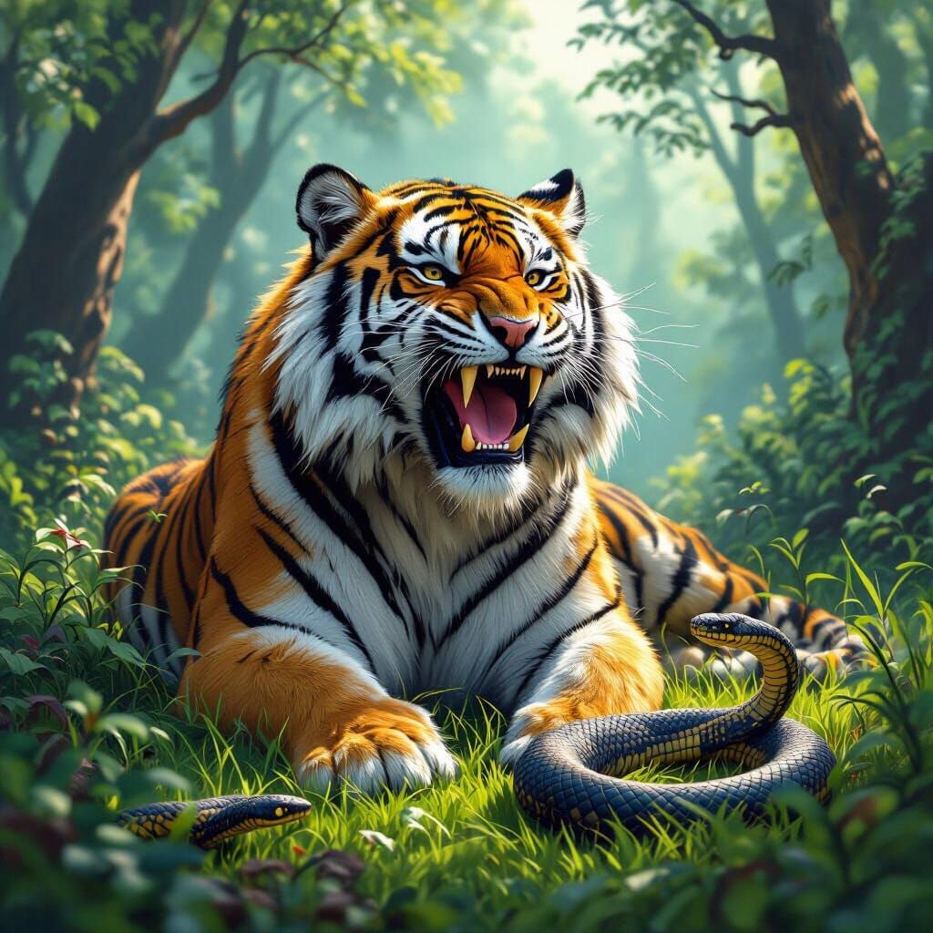 Majestic Tiger Roaring in a Dense Forest