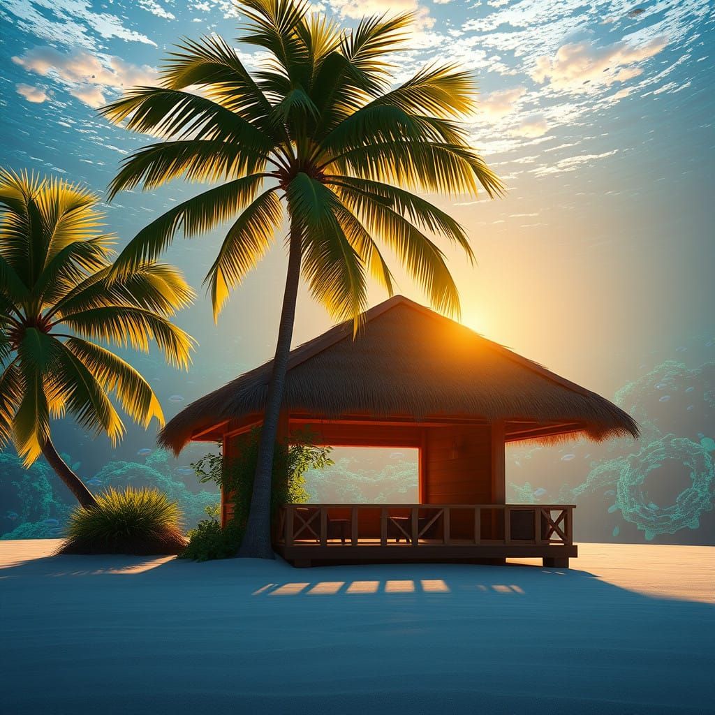Tropical Beach Hut with Swaying Palms and Vibrant Ocean Aqua...