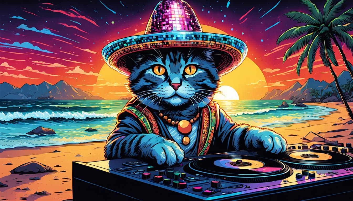 Cat DJ Rocks the Beach in Comic Book Style