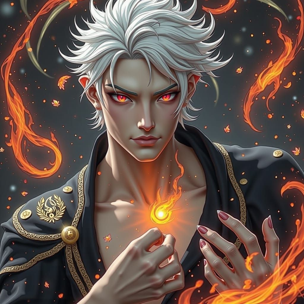 Dark Fantasy Fire Cultivator with White Hair and Red Eyes