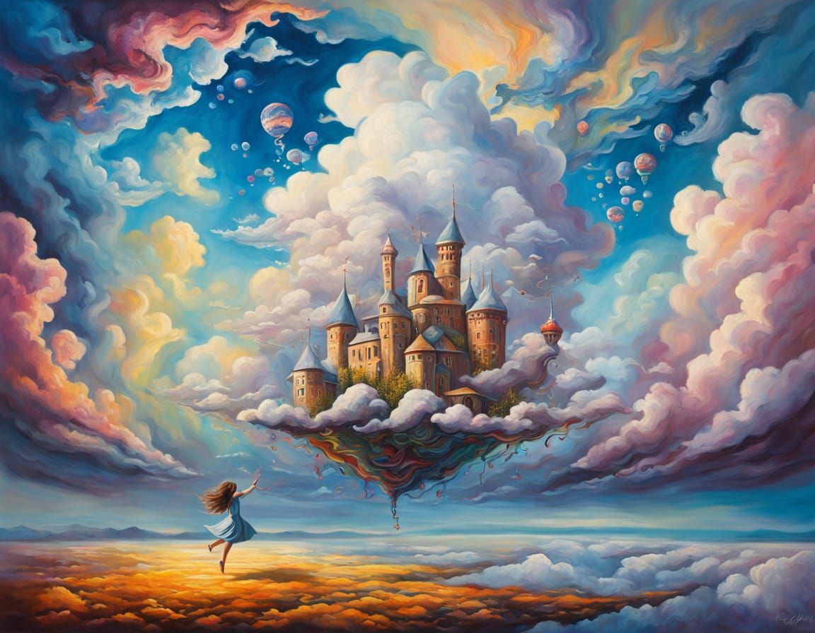 Dreamlike Whimsy in Soft Brushstrokes: Young Girl Surrounded...