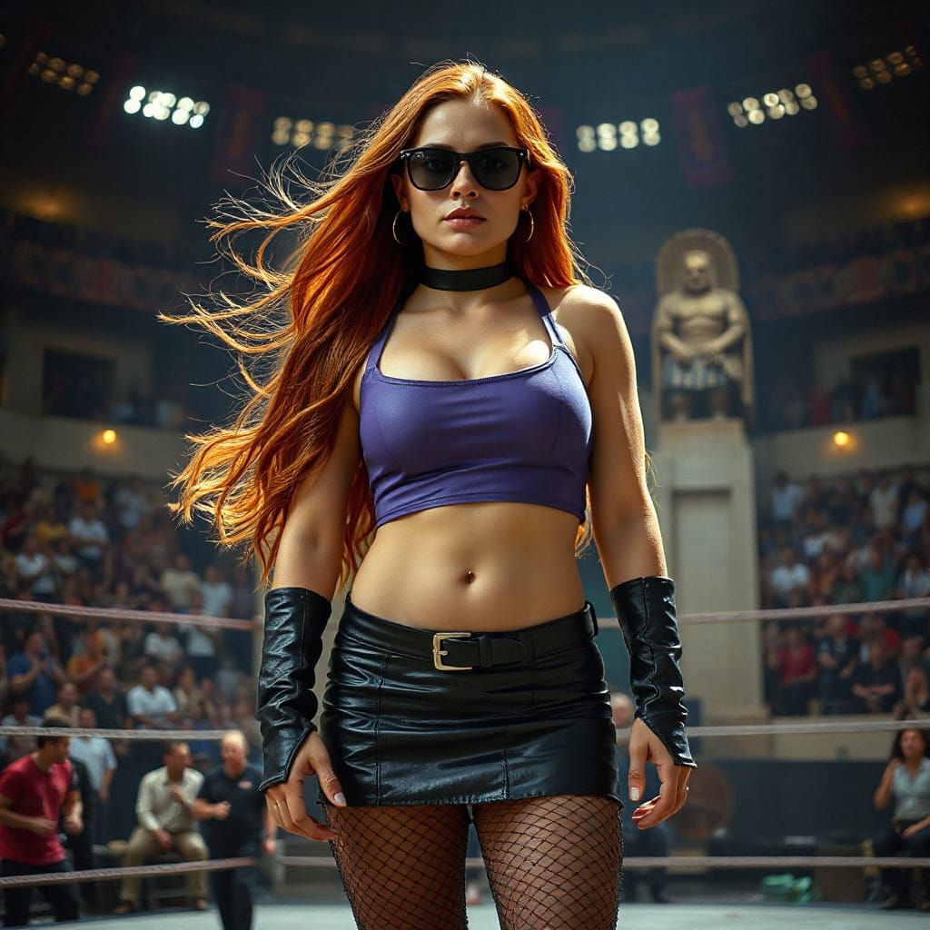 Female Wrestler in Arena, Gritty Cinematic Style