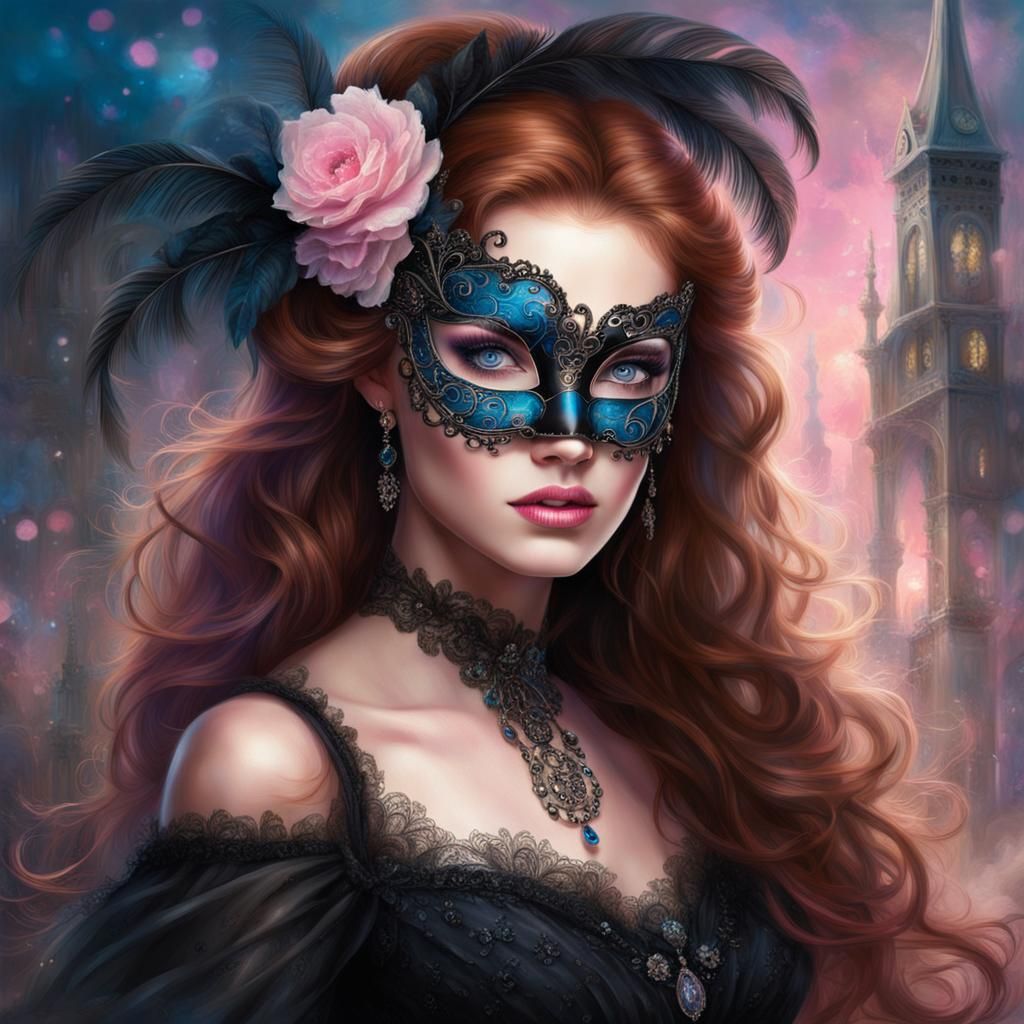 Auburn Haired Girl in Black Masquerade Mask
