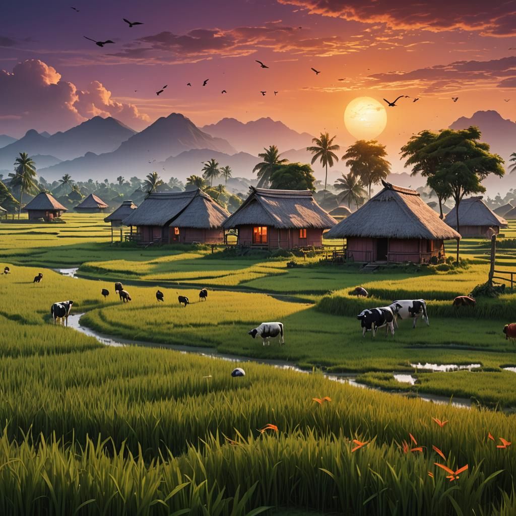 Idyllic Village at Dusk: A Matte Painting