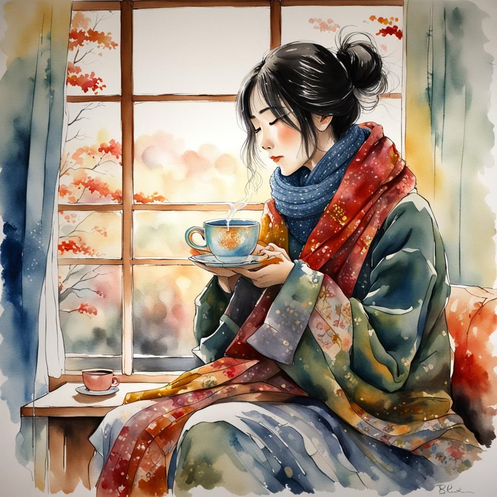 Japanese Girl Sipping Coffee, Watercolor Style