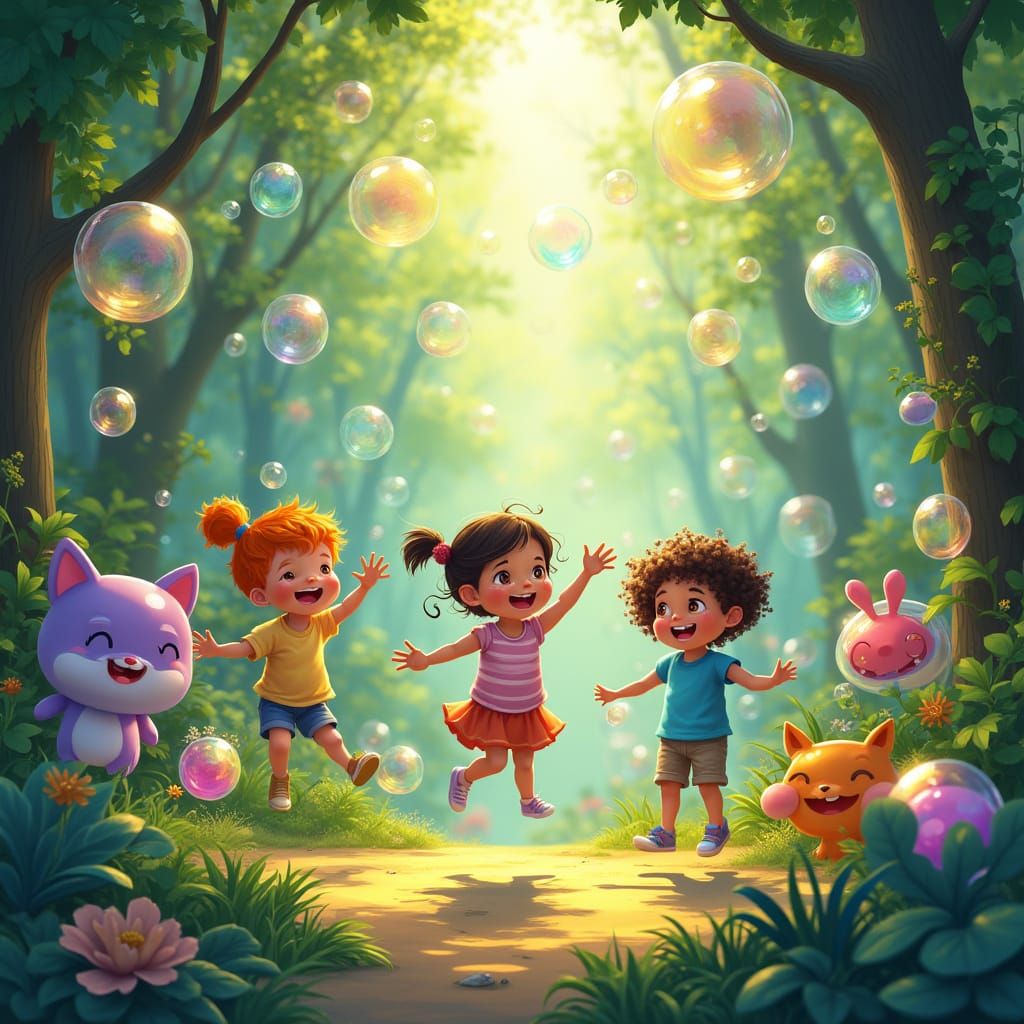 Children Playing with Bubble Animals in Cartoon Style